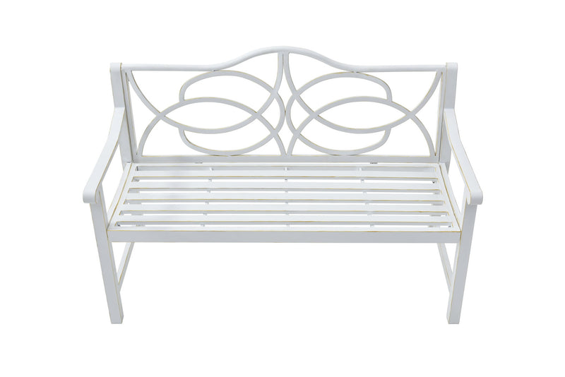 Outdoor Garden Patio Bench With Backrest And Armrest, Slatted Seat For Park, Yard & Porch, Balcony, Accommodates 2 - 3 People - White