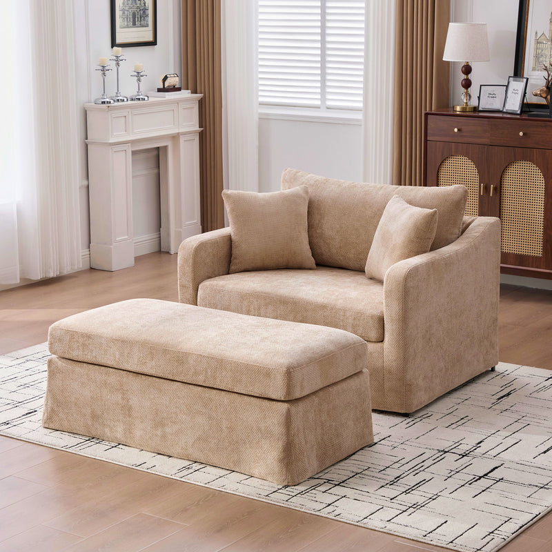 Accent Chair Wide With 2 Bolster Pillows, And Matching Ottoman