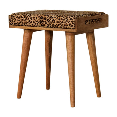 Leopard Velvet Tray Style Footstool - Brown Oak