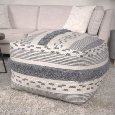 Karim - Faux Yarn Large Pouf, Durable - Ivory / Gray