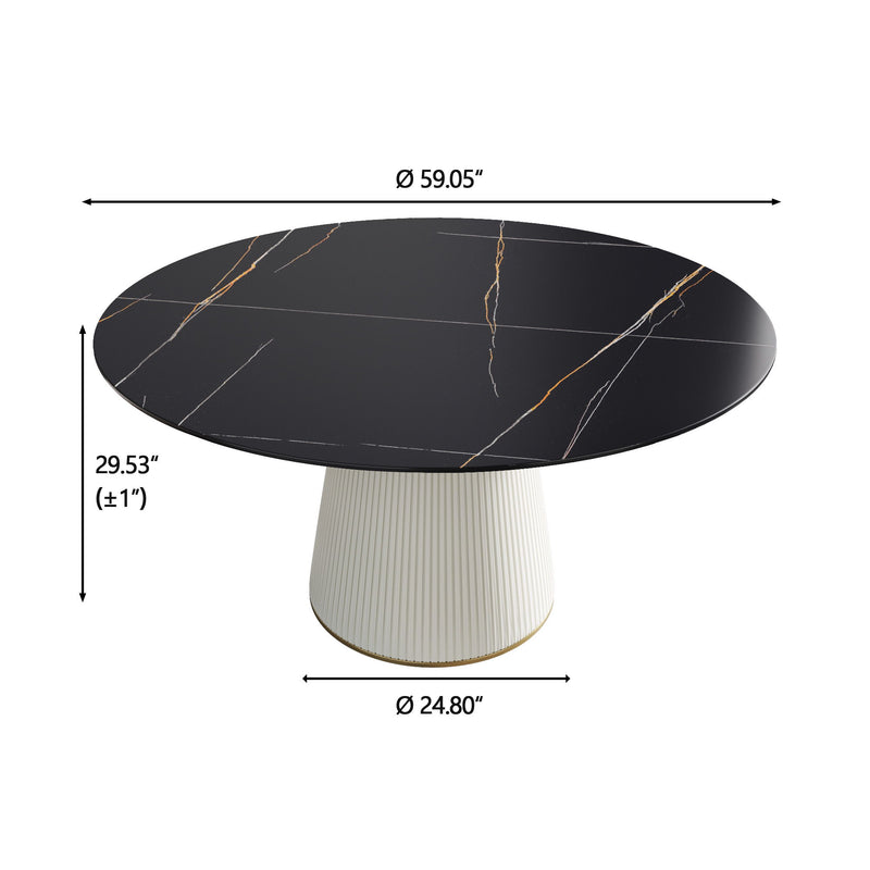 Modern Artificial Stone Round Plywood Base Dining Table, Can Accommodate 8 People, (Not Including Chairs) - Black / Beige