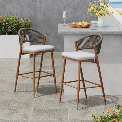Outdoor Bar Height Metal Frame Counter Stools With Scallop Shaped Backrest & Water Resistant Cushions