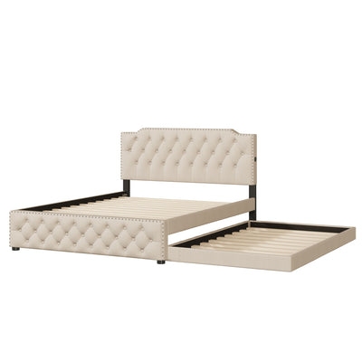 Upholstered Platform Bed With Trundle And 2 Sets Of USB Ports On Each Side, Linen Fabric