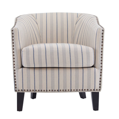 Transitional Upholstered Stripe Barrel Chair With Birch Wood Legs And Plush Cushioned Seat - Beige / Blue Stripe