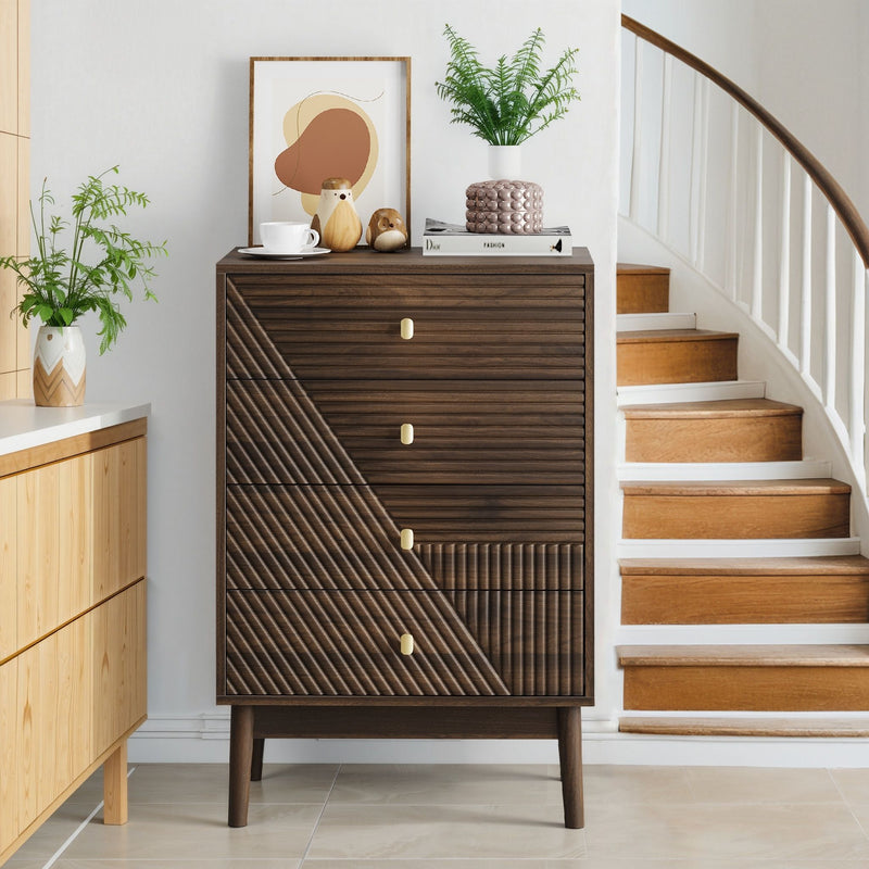 Modern 4 Drawer Dresser Chest For Living Room, Bedroom, Corridor Wooden Storage Cabinet - Walnut