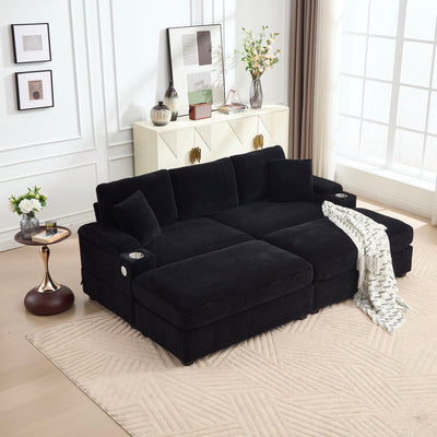 Convertible Sectional Sofa Bed Set With Armrest Storage, Cup Holder, USB - Black