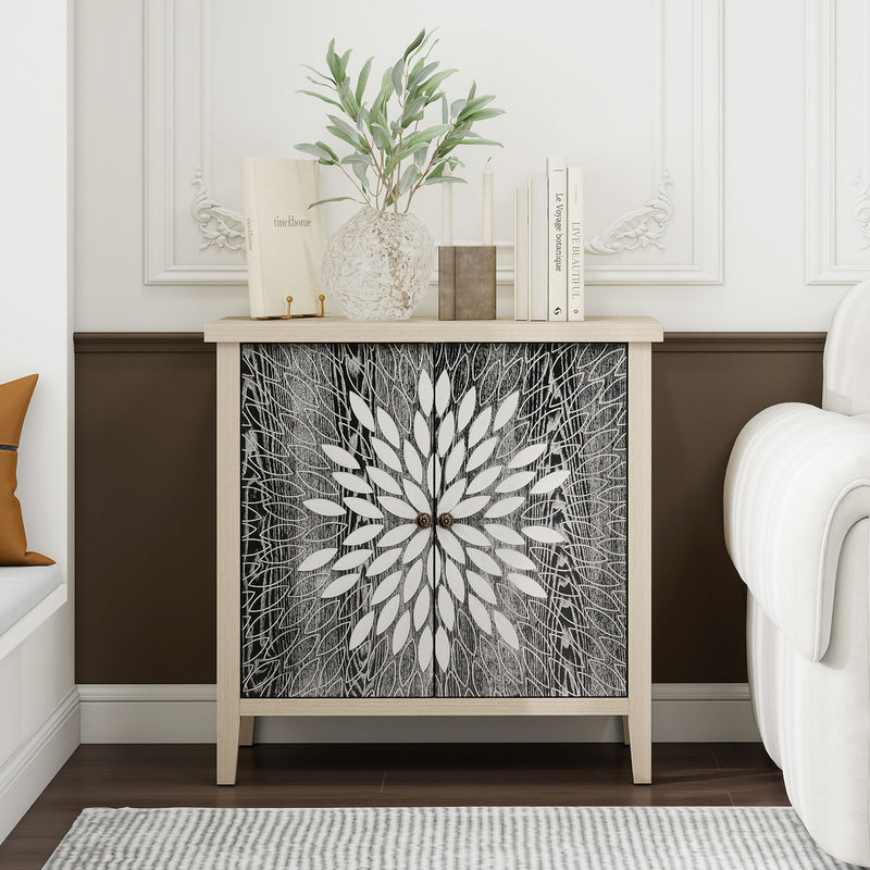 2 Door Carved Storage Cabinet With Adjustable Shelf, Accent Furniture