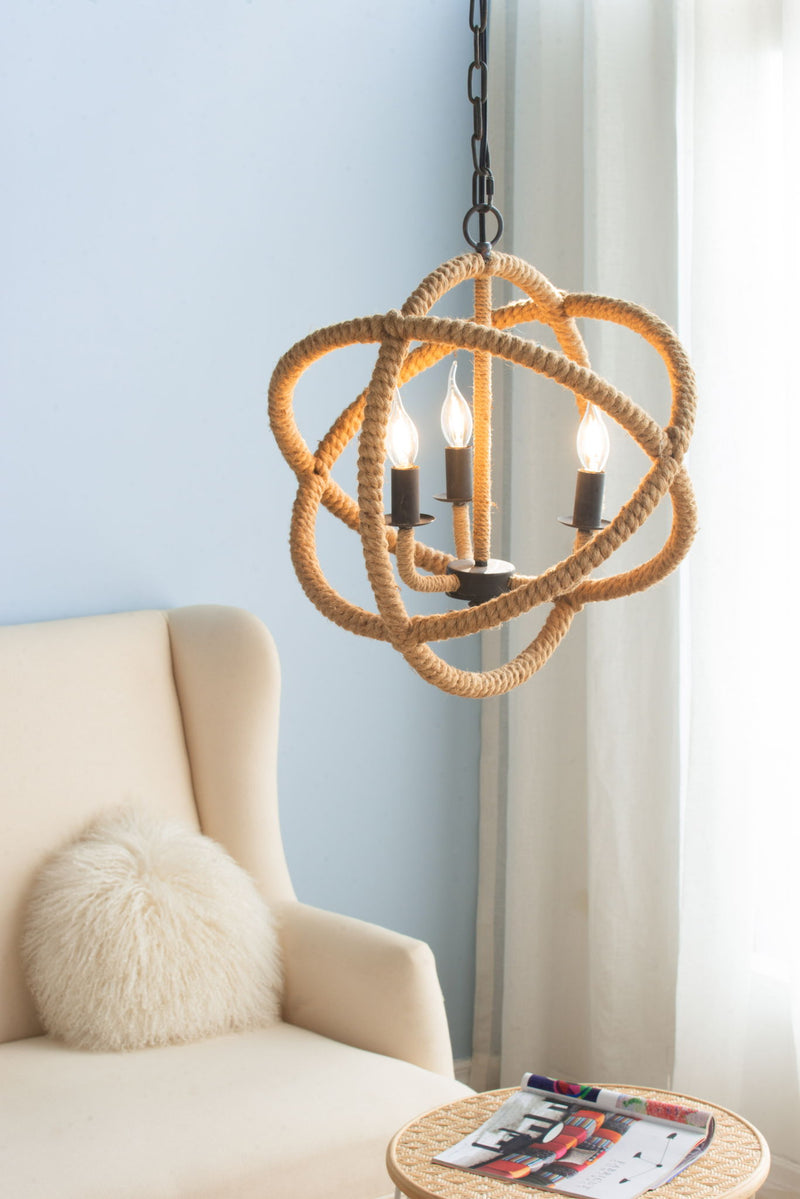 3 Light Farmhouse Chandelier, Rope Chandelier Globe Hanging Light Fixture With With Adjustable Chain For Kitchen, Bulb Not Included - Beige Brown