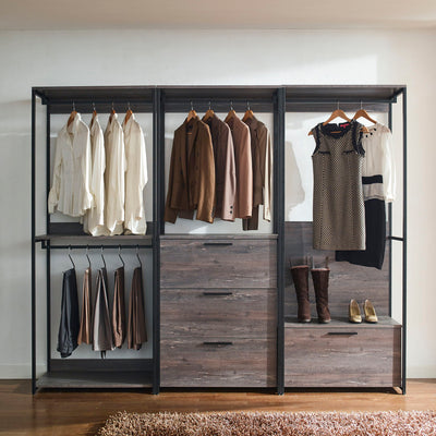 Monica - Wood Walk In Closet System With Powder Coated Metal Frame And Melamine - Rustic