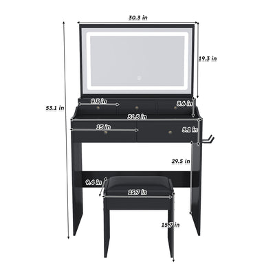 Modern Makeup Vanity Set With Power Outlet, Hair Dryer Holder, And Adjustable Lighting