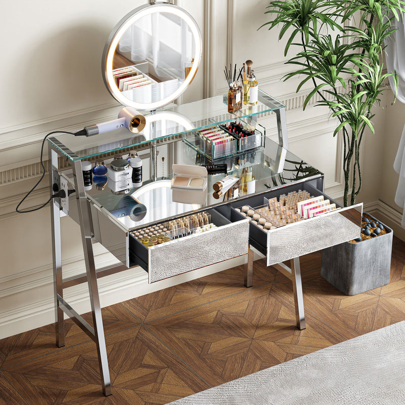 33.9" Mirrored Makeup Vanity Desk With Mirror And Lights, Mirrored Console Vanity Table With 2 Big Drawers & Open Shelf, Dressing Table With Charging Station For Bedroom - Silver