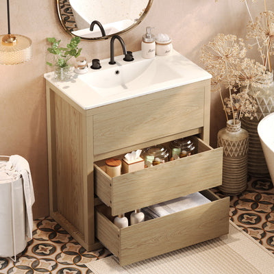 Freestanding Bathroom Vanity With Ceramic Sink, 2 Full Extension Drawers