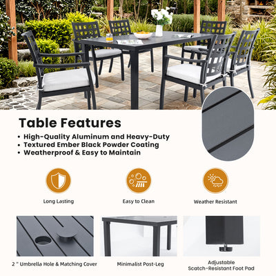 Modern Rectangular Outdoor Patio Dining Table With Post Leg Design, Rust Free & Weather Resistant, Adjustable Foot Pads, Umbrella Hole With Matching Cover - Ember Black