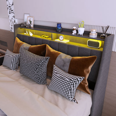 Bed With LED Lights, 4 Drawers, Winged Headboard Upholstered