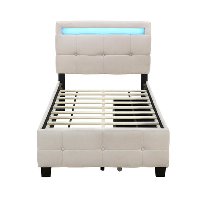 Upholstered Platform Bed With LED Frame, With Trundle And 2 Drawers