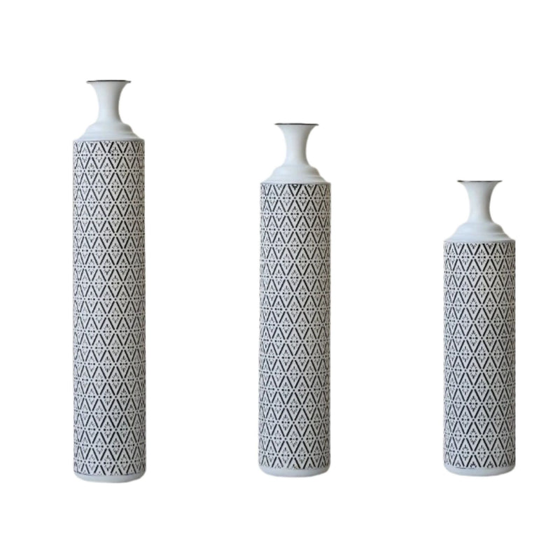 Modern Floor Vase Set Metal Vases With Geometric Pattern, 3 Piece Home Decor Set - White / Black