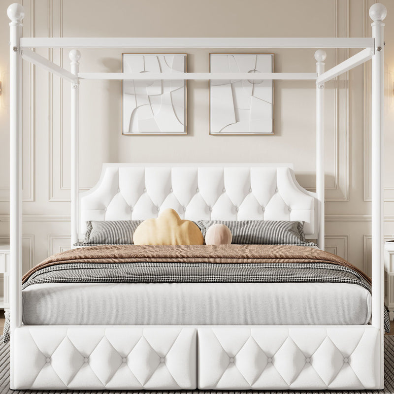 Canopy Platform Bed With Upholstered Headboard And 2 Storage Drawers - White