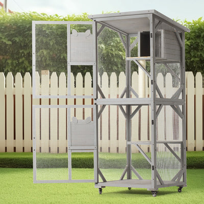 Large Cat House Outdoor Catio Cat Enclosures On Wheels, Kitty House With Upgraded Resting Box Waterproof Roof - Gray