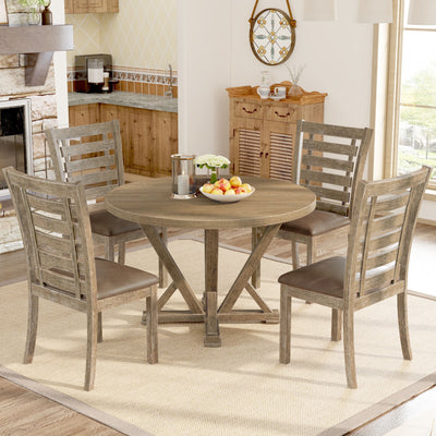 5 Pieces Table Set Round Dining Table Solid Wood Modern Farmhouse Rustic Look Distressed Look - Grayish Brown