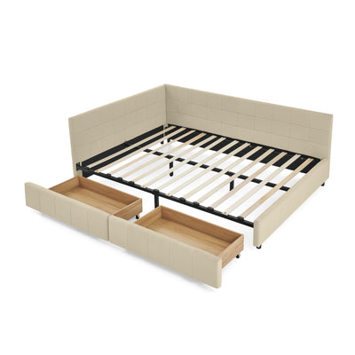 Mid-Century Storage Upholstered Tufted Bed Frame With Backrest And Armrests