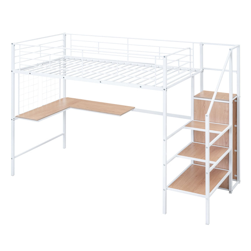 Loft Bed With Desk And Grid, Stylish Frame With Lateral Storage Ladder And Wardrobe