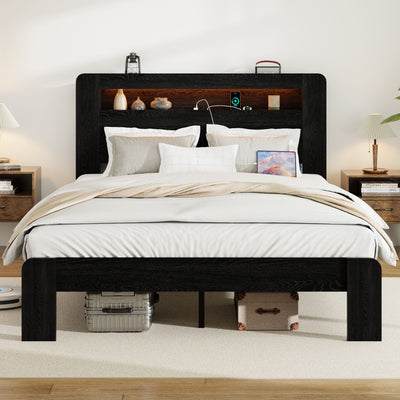 Wood Platform Bed Frame With Storage LED Light Headboard & USB
