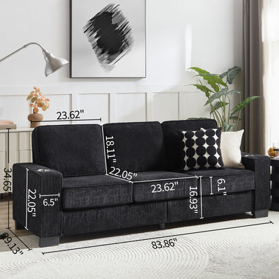 Modern Corduroy Fabric Sofa, 3 Seater Compressed Couch With Cup Holders