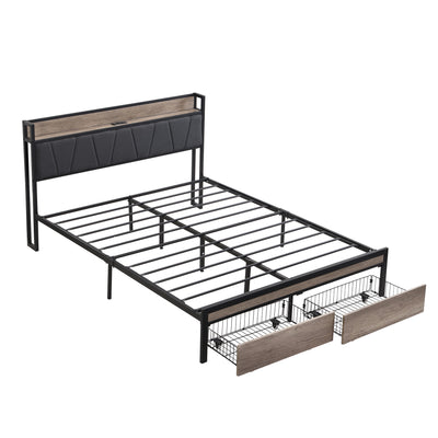 Modern Platform Bed Frame With Upholstered Storage Headboard, USB Ports