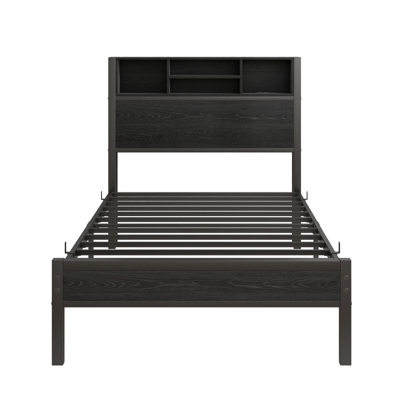 Modern Metal Platform Bed Frame With Storage Headboard And Charging Station