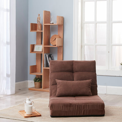 Modern Triple Fold Down Metal Frame Sofa Bed With 5 Reclining Positions And Pillow - Adjustable Upholstered Floor Couch For Gaming Or Guest Room - Brown