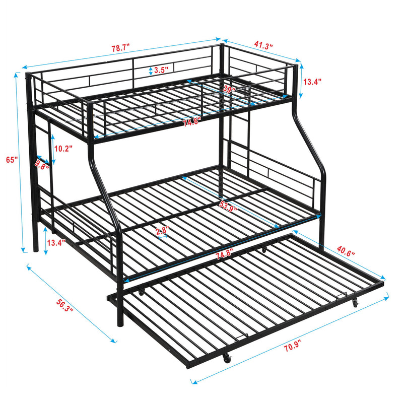 Twin Over Full Modern Metal Bunk Bed With Trundle - Black