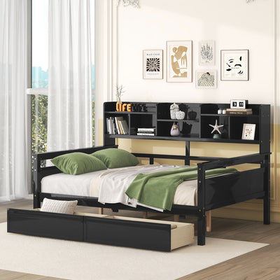 Daybed, Wood Slat Support, With Bedside Shelves And Two Drawers