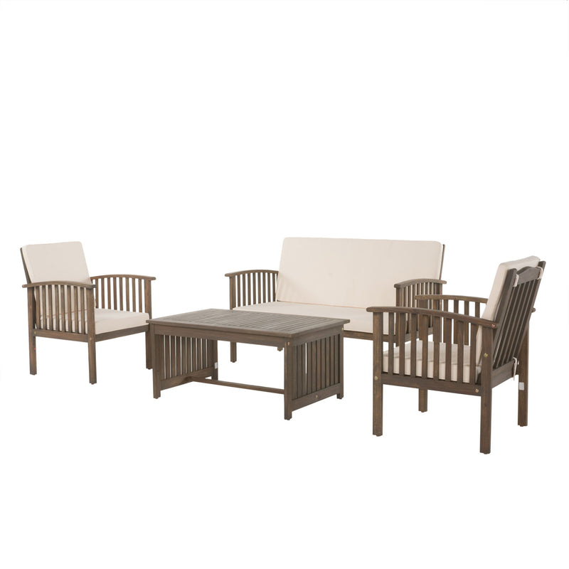 4 Piece Outdoor Chat Set With Water Resistant Cushion And Wood Frame - Cream / Gray