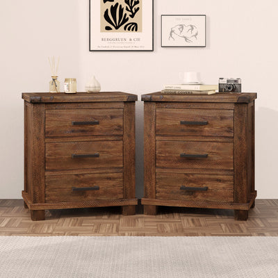 Rustic Farmhouse Nightstand (Set of 2) With 3 Drawers - Natural