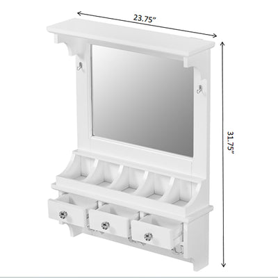 Floating Makeup Vanity With Big Mirror, Wall Mounted Storage Vanity With Drawers, Pockets & Hooks, Space Saving Decorative Home Organizer - White