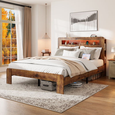 Wood Platform Bed Frame With Storage LED Light Headboard & USB