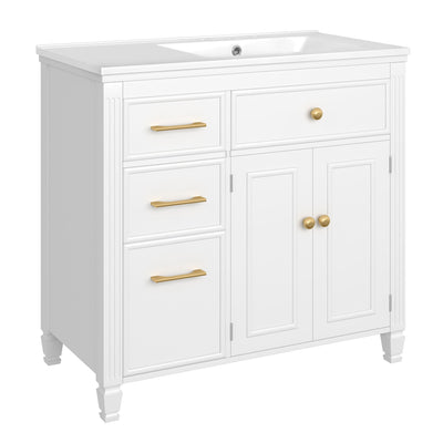 Modern Bathroom Vanity With Ceramic Sink, Freestanding, One Tip Out Drawer, 3 Side Drawers, Adjustable Shelf