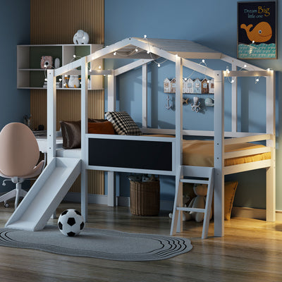 Loft House Bed With Ladder And Slide, With Blackboard And Light Strip On The Roof