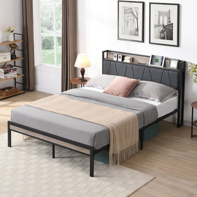 Modern Platform Bed Frame With Upholstered Storage Headboard, USB Ports