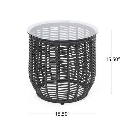 Boho Arias - Side Table With Tempered Glass Top And Rattan Wrap
