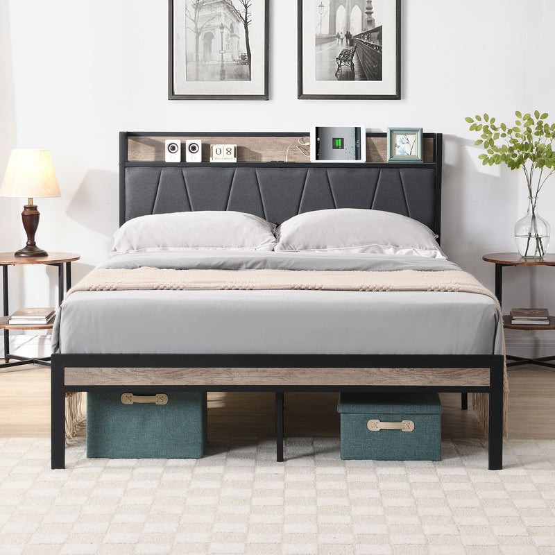 Modern Platform Bed Frame With Upholstered Storage Headboard, USB Ports