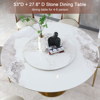 53" Round Marble Dining Table With Lazy Susan, Dining Room, Dinette (Table Only) - Gold / Gold / White