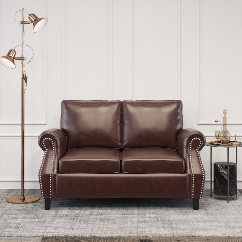 Contemporary Loveseat With Nailhead Trim - Dark Brown