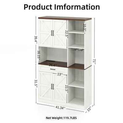 Farmhouse Kitchen Pantry Sideboard With Cabinet And Drawer, Multi Functional Kitchen Buffet With Hutch And Glass Holder, Microwave Stand With Charging Station - Brown / Antique White