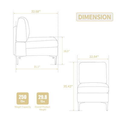 Single Couch Modular Armless Accent Chair With Back Cushion
