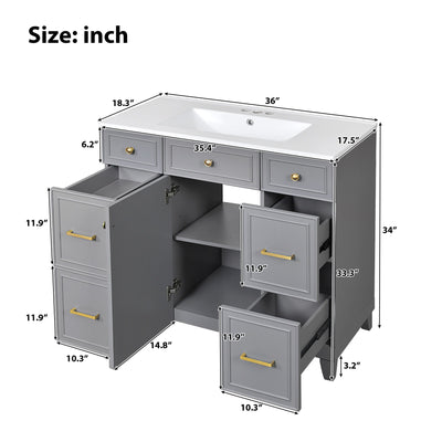 Bathroom Vanity With Ceramic Sink, Soft Close Doors, Adjustable Shelves