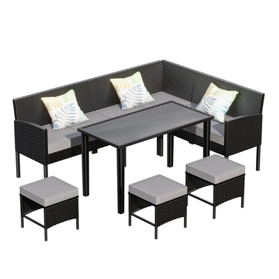 7 Piece Outdoor Furniture Set Waterproof Cushions Glass Table