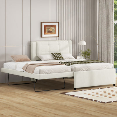 Full Size Upholstered Platform Bed With Adjustable Trundle - Beige