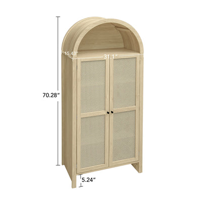 Tall Arched Kitchen Pantry, Arched Storage Display Cabinet With 2 Drawers & Adjustable Shelves, Rattan Door Versatile Storage Cabinet For Kitchen, Dining Room - Natural