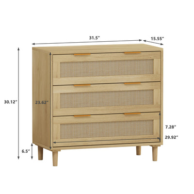 3 Drawers Rattan Storage Cabinet Rattan Drawer, For Bedroom, Living Room, Dining Room, Hallways (Set of 2) - Oak
